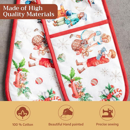Maison d' Hermine Double Oven Mitts 100% Cotton Double Oven Glove (7"x35") | Heat Resistant BBQ Cooking Gloves with Loop Baking Kitchen Home Hotel Farmhouse Thanksgiving Christmas - Chromo