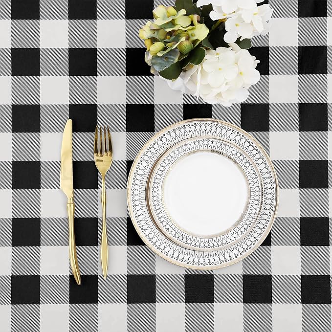 Buffalo Rectangle Picnic Tablecloth, 5 Foot Elastic Fitted Vinyl Table Cloth with Flannel Backing, Waterproof Plaid Table Covers for Dining, Camping, Outdoor (Black and White, 36" x 60")