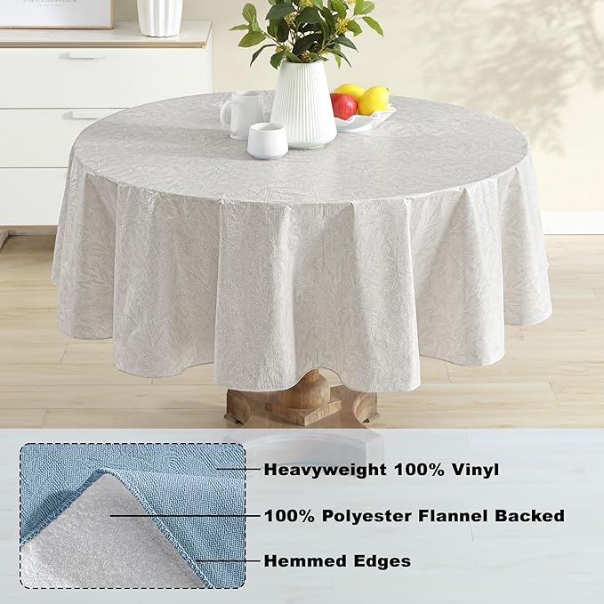 Newbridge Napa Leaf Beige Vinyl Flannel Backed Tablecloth, 70 Inch Round, Hotel Quality Waterproof Indoor Outdoor Table Cover for Kitchen, Patio, Dining, BBQ