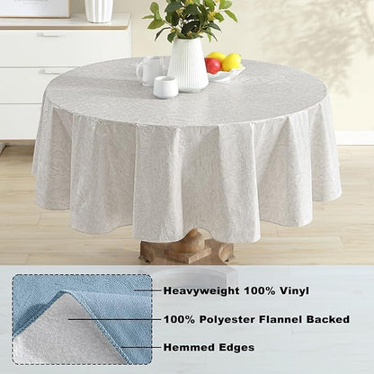 Newbridge Napa Leaf Beige Vinyl Flannel Backed Tablecloth, 70 Inch Round, Hotel Quality Waterproof Indoor Outdoor Table Cover for Kitchen, Patio, Dining, BBQ