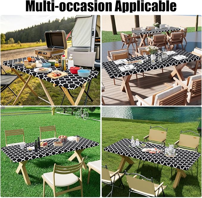 Smiry 2 Pack Rectangle Table Cloth 6 Foot, Waterproof Elastic Fitted Tablecloths, Windproof Washable Polyester Table Cover for Picnic, Camping, Outdoor (Black, 30"x72")