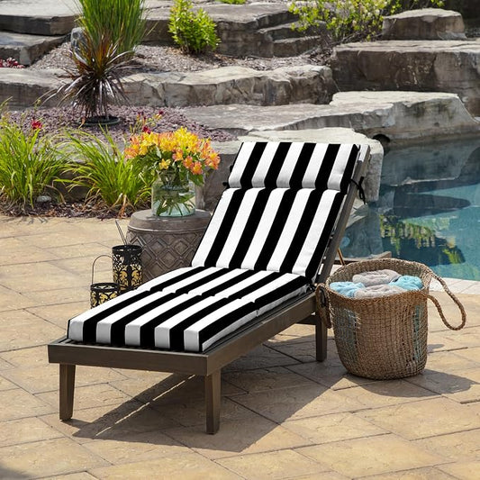 Arden Outdoor Chaise Cushion, 22x77, Black Cabana Stripe | Lounge Cushion, Rain-Proof, Fade Resistant, Mold and Mildew Resistant