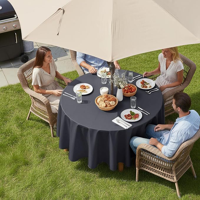 LUSHVIDA Round Outdoor Tablecloth with Umbrella Hole and Zipper, 60 Inch Grey, Washable Waterproof Table Cloth Spill Proof Wrinkle Free Table Cover for Patio Spring Summer Picnic BBQS