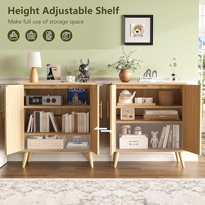 Keehusux 15.7" D Rattan Storage Cabinet with 2 Doors & Adjustable Shelf | Accent Buffet Sideboard Cabinet with Solid Wood Legs, Coffee Bar for Kitchen, Living Room, Entryway, Natural Oak