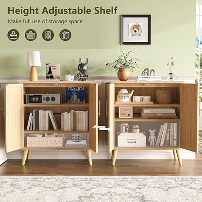 Keehusux 15.7" D Rattan Storage Cabinet with 2 Doors & Adjustable Shelf | Accent Buffet Sideboard Cabinet with Solid Wood Legs, Coffee Bar for Kitchen, Living Room, Entryway, Natural Oak