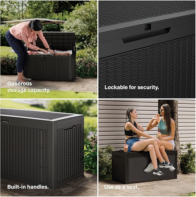 Outdoor Storage Box, 110 Gallon Resin Deck Box Waterproof for Patio Furniture, Garden Tools and Pool Accessories, Lockable UV-Resistant Storage Bin Bench Cabinet for Outside, Black