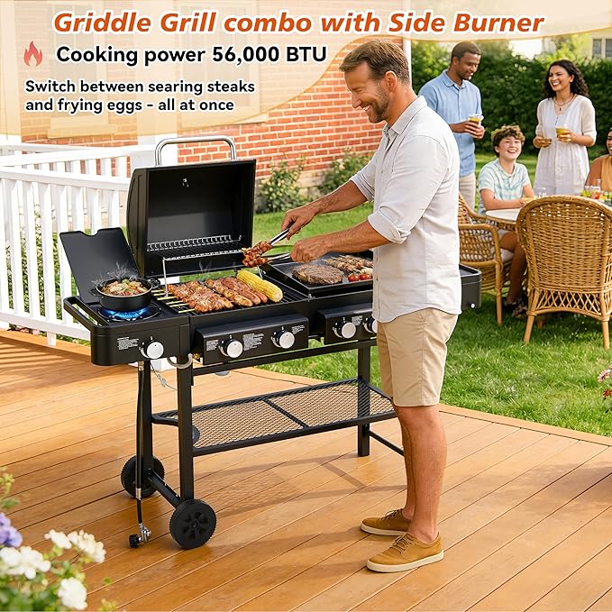 Outdoor Gas Grill with 6 Burners & Side Burner 59000 BTU Stainless Steel BBQ Grill Enamel-Coated Grates Side Tables for Backyard Patio Cooking Charcoal Grills & Smokers,A5