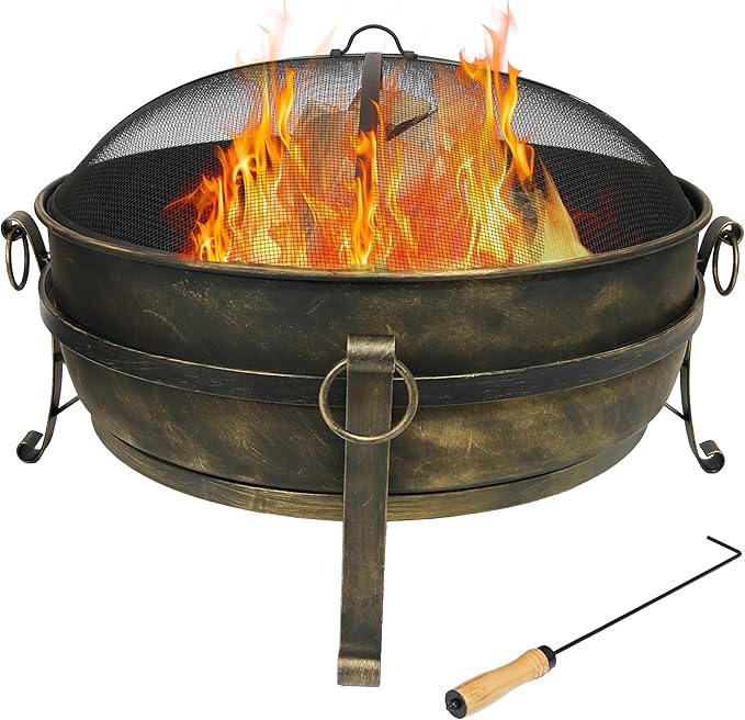 Sunnydaze 34-Inch Steel Large Fire Pit for Outside - Wood-Burning Fire Pit Bowl for Outdoors with Spark Screen, Log Poker, and Grate