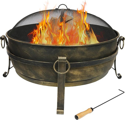 Sunnydaze 34-Inch Steel Large Fire Pit for Outside - Wood-Burning Fire Pit Bowl for Outdoors with Spark Screen, Log Poker, and Grate