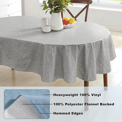 Newbridge Napa Leaf Grey Vinyl Flannel Backed Tablecloth, 60 x 84 Inch Oval, Hotel Quality Waterproof Indoor Outdoor Table Cover for Kitchen, Patio, Dining, BBQ