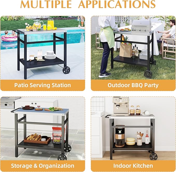 DDK Outdoor BBQ Prep Cart | 2-Tier Grill Table with Stainless Steel Top | Rolling Utility Cart for Patio, Pizza Oven, Grilling & Meal Prep