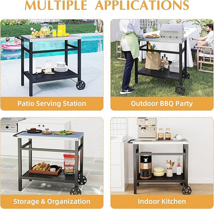 DDK Outdoor BBQ Prep Cart | 2-Tier Grill Table with Stainless Steel Top | Rolling Utility Cart for Patio, Pizza Oven, Grilling & Meal Prep