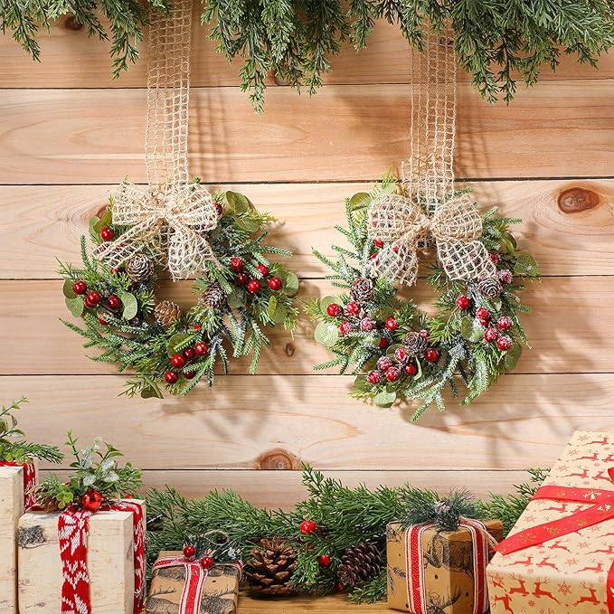 Dingion 18 Pcs Small Christmas Wreaths for Cabinet Kitchen Decor Mini Artificial Wreath 9 Inch Faux Garland with Burlap Ribbon for Vintage Retro Home Table Candle Porch Window Indoor Outdoor Decor
