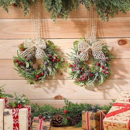 Dingion 18 Pcs Small Christmas Wreaths for Cabinet Kitchen Decor Mini Artificial Wreath 9 Inch Faux Garland with Burlap Ribbon for Vintage Retro Home Table Candle Porch Window Indoor Outdoor Decor