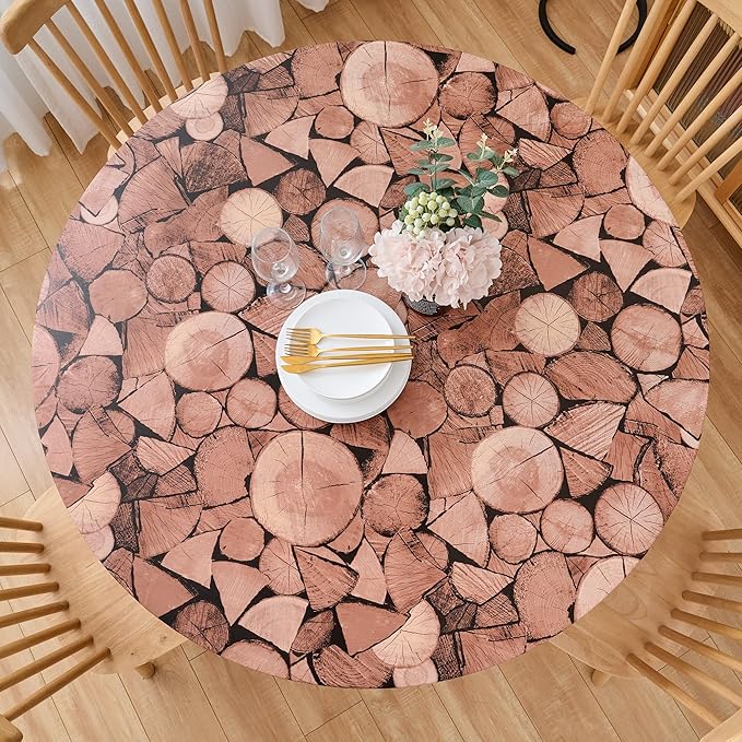 LIBERECOO Round Fitted Tablecloth with Elastic, Flannel Backed Vinyl Tablecloths for 40" - 44" Tables, Waterproof Wipeable Reusable Plastic Table Cloth for Indoor & Outdoor, Rustic Timber Mosaic