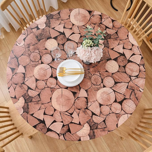 LIBERECOO Round Fitted Tablecloth with Elastic, Flannel Backed Vinyl Tablecloths for 40" - 44" Tables, Waterproof Wipeable Reusable Plastic Table Cloth for Indoor & Outdoor, Rustic Timber Mosaic