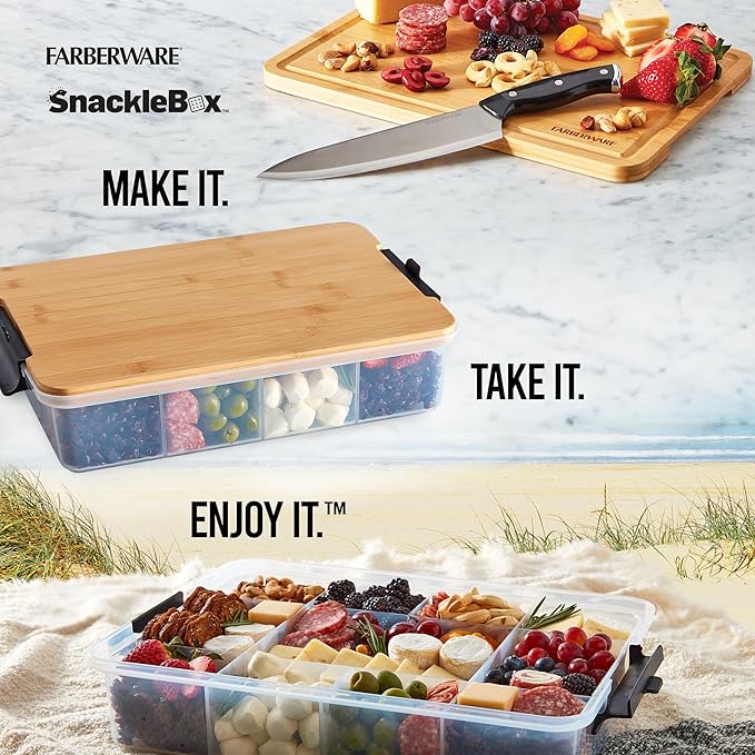Farberware Build Snacklebox Serving Tray with Locking Bamboo Cutting Board Lid, Portable Storage Container with Compartments for Charcuterie, and More, Natural (Pack of 4)