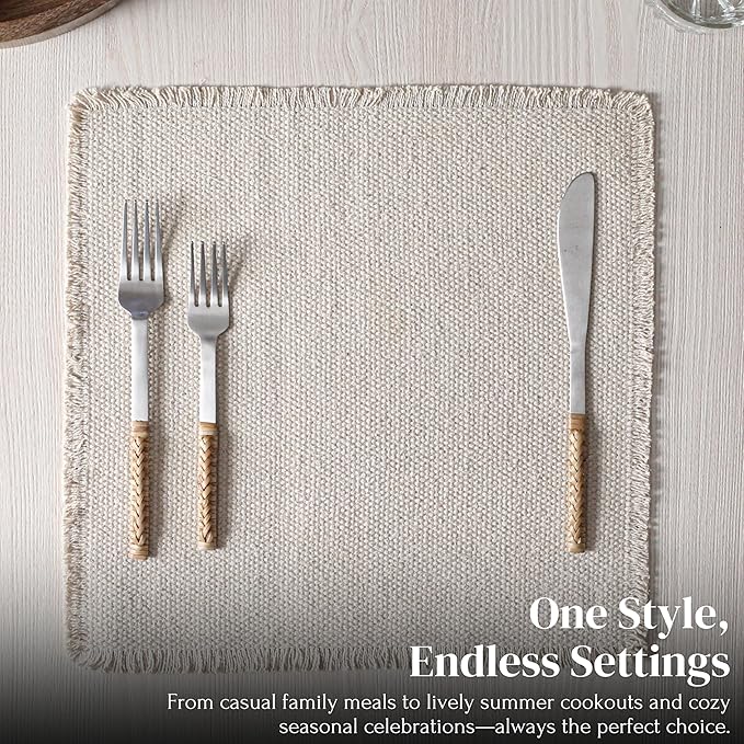 Hausattire Cotton Frayed Placemats Set of 4 Dining Table 14x14 Inch | Rustic Vintage Boho Washable Easter Placemat for Outdoor Parties BBQ's Wedding, Holiday, Special Occasions, Nubby Cotton - Natural