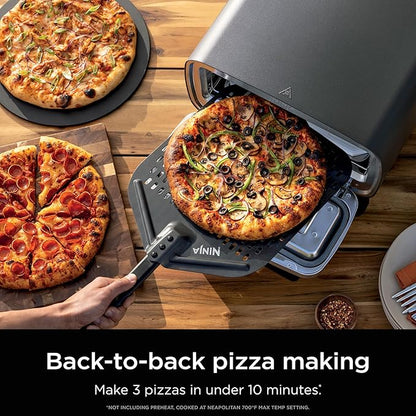 Ninja | Outdoor Pizza Oven with 19.5" Perforated Pizza Peel | Includes 12" Pizza Stone & 12" Bake Pan | 5 Pizza Presets Neapolitan, Thin Crust, New York, Pan & Custom | 700F Max Temp | Electric