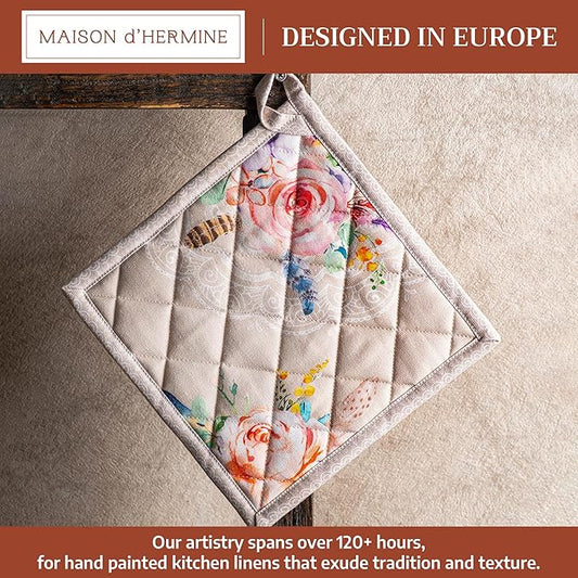 Maison d' Hermine Pot Holders 100% Cotton Heat Resistant Potholders 8" x 8" Hot Pads with Loop BBQ Cooking Baking Hotel Farmhouse Kitchen Handling Hot Pans Spring Summer (Pack of 1, Ibiza - Beige)