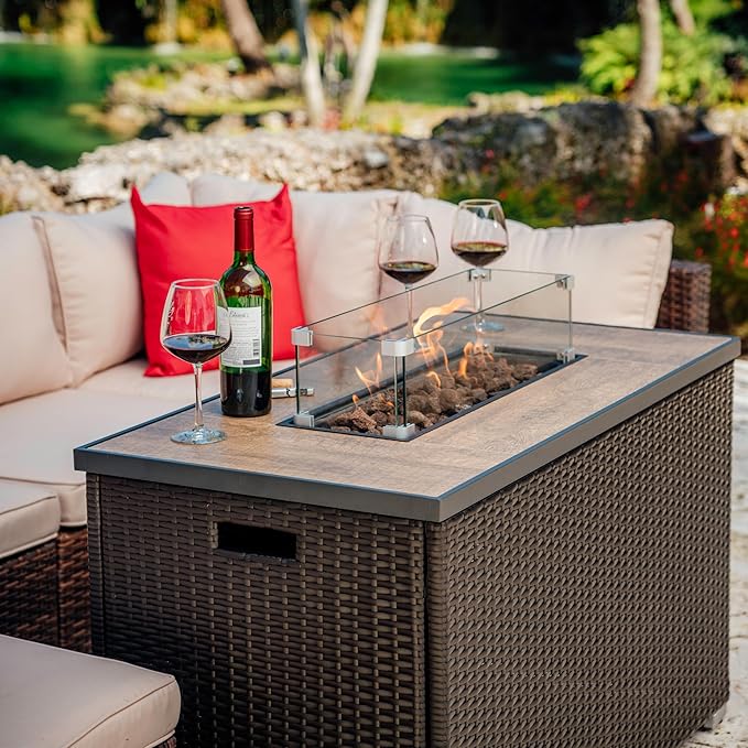 Nestl 43 Inch Fire Pit for Outdoor - 50,000 BTU Outdoor Propane Fire Pit Table with Lid, Rain Cover & Lava Rocks - Patio Fire Pit Table with Tempered Glass for Backyard Gatherings - Brown
