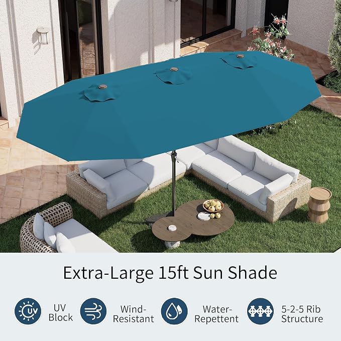 PatioKingdom 15FT Large Patio Umbrella with Base, Double Sided Rectangular Outdoor Umbrella with Sturdy Fiberglass Ribs, Market Umbrella for Pool,Garden,Backyard,Deck (Lake Blue, 15FT)