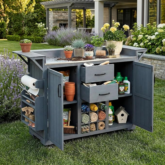 60.2-inch Mobile Outdoor Kitchen Island, Wooden BBQ Table with Stainless Steel countertop, Mobile BBQ Trolley with Storage Cabinet, 2 Storage compartments, Wine Rack and Spice Rack