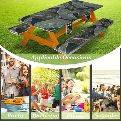 Wrakus Picnic Table Cover with Bench Covers Vinyl Elastic Edges Fitted Rectangle Seat Tables Waterproof 3-Piece72X30in Set Outdoor Rectangular Folding Backing Tablecloth for Camping Over Size