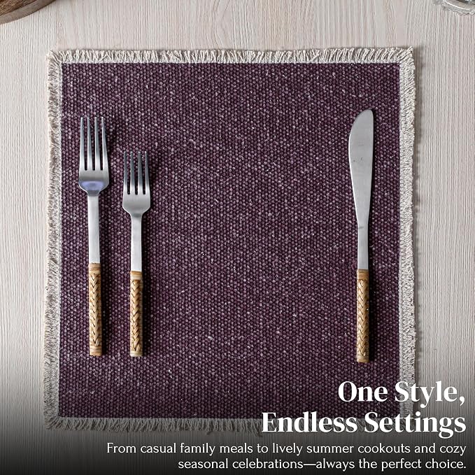 Hausattire Cotton Frayed Placemats Set of 4 Dining Table 14x14 Inch | Rustic Vintage Boho Washable Easter Placemat for Outdoor Parties BBQ's Wedding, Holiday, Special Occasions, Nubby Cotton - Plum