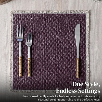 Hausattire Cotton Frayed Placemats Set of 4 Dining Table 14x14 Inch | Rustic Vintage Boho Washable Easter Placemat for Outdoor Parties BBQ's Wedding, Holiday, Special Occasions, Nubby Cotton - Plum