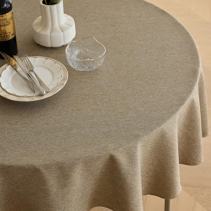 Decorelia Waterproof Round Tablecloth for Round Dining Table, Decorative Rustic Soft Wipeable Table Cloths Cover Indoor Outdoor Use for Holiday,Wedding, Kitchen (70 Inch,Round (4-6 Seats),Natural)