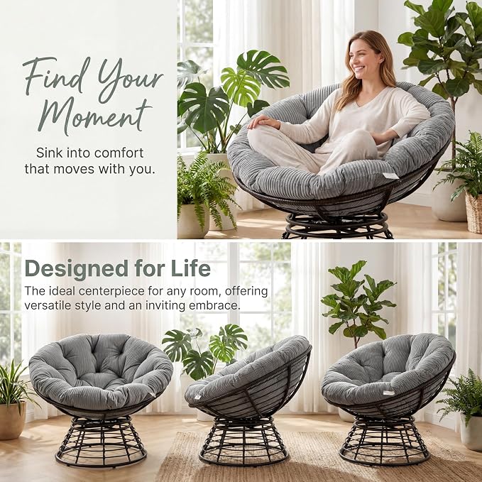 Cushion Papasan Swivel Chair, Ergonomic Wicker Round Chair with Thick Padding, Oversized Swivel Wicker Accent Chairs for Living Room, Bedroom, Reading Room, Balcony, Brown Frame, Gray