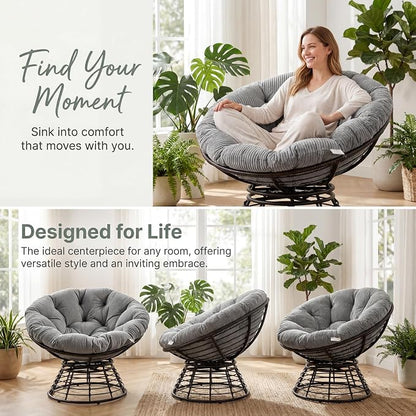 Cushion Papasan Swivel Chair, Ergonomic Wicker Round Chair with Thick Padding, Oversized Swivel Wicker Accent Chairs for Living Room, Bedroom, Reading Room, Balcony, Brown Frame, Gray