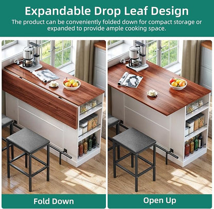 YITAHOME Kitchen Island with Seating | 47 Inch Mobile Storage Island with Drop Leaf, Power Outlet & Spice Rack, 2 Upholstered Stools and Footrest