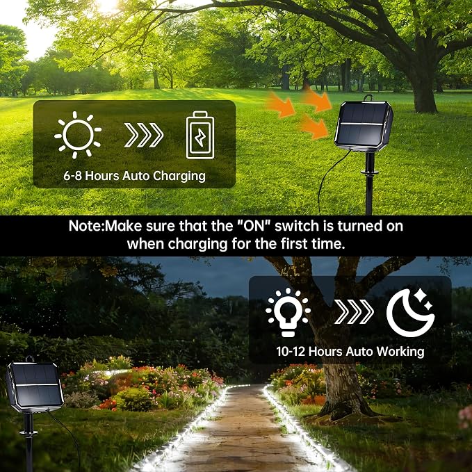 Solar Rope Lights for Outside, 2 Packs Total 66ft 200 LED Solar String Lights with 8 Modes, Waterproof Solar Outdoor Light for Patio Garden Party Tree Porch Pool Holiday Xmas Decor-White