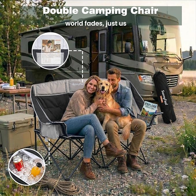 SUNNYFEEL Double Camping Chair Oversized Loveseat for Adults | 600LBS Heavy Duty Padded Camping Couch with Cup Holder, Cooler, Storage Pockets & Carry Bag for Outdoor/ Lawn/ Backyard