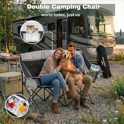 SUNNYFEEL Double Camping Chair Oversized Loveseat for Adults | 600LBS Heavy Duty Padded Camping Couch with Cup Holder, Cooler, Storage Pockets & Carry Bag for Outdoor/ Lawn/ Backyard