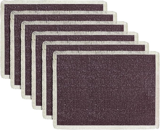 Hausattire Cotton Frayed Placemats Set of 6 Dining Table 13x19 Inch | Rustic Vintage Boho Washable Easter Placemat for Outdoor Parties BBQ's Wedding, Holiday, Special Occasions, Nubby Cotton - Plum