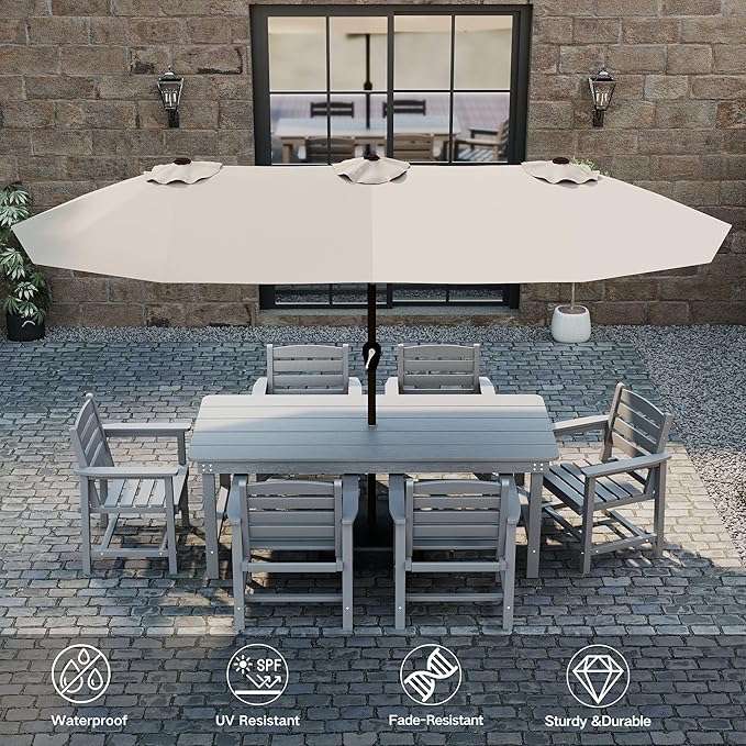 Kingdura 13ft Large Patio Umbrella with Solar Lights, Double-Sided Rectangle Outdoor Table Umbrella with Base Included, 12 Reinforced Ribs, 48 Led Lights, Crank Lift for Market Pool Deck, Beige