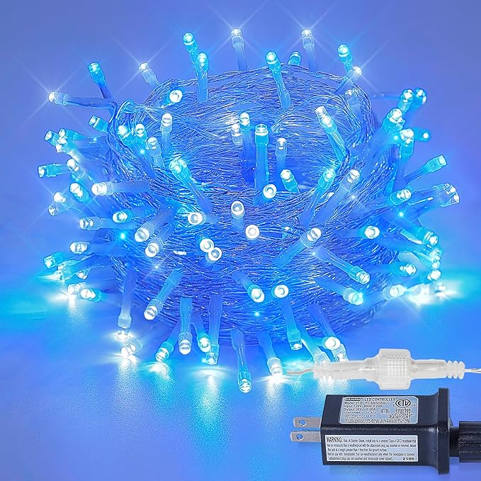 33FT 100 LED White Blue Christmas Fairy Twinkle String Lights Indoor | 8 Modes with Memory, Connectable, IP65 Waterproof, Transparent Wire, Up to 5 Sets, Widely use for Classroom, Bedroom, dorm