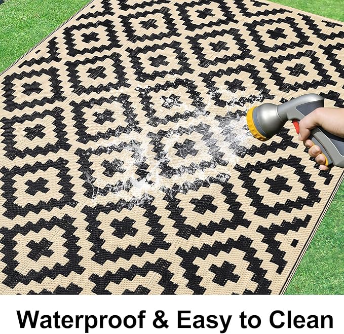 Smiry Outdoor Rug 6x9 ft Waterproof Reversible Boho Mat, Black & Beige | Polypropylene Plastic Straw, Quick Drying, Lightweight Foldable, for Patio, Deck, RV Camping, Backyard and Indoor Outdoor Use