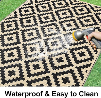 Smiry Outdoor Rug 6x9 ft Waterproof Reversible Boho Mat, Black & Beige | Polypropylene Plastic Straw, Quick Drying, Lightweight Foldable, for Patio, Deck, RV Camping, Backyard and Indoor Outdoor Use