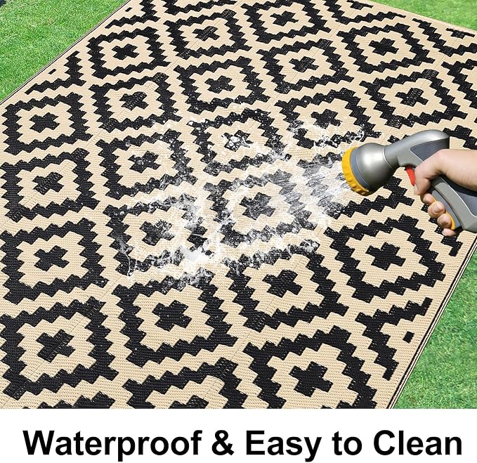 Smiry Outdoor Rug 10x14 ft Waterproof Reversible Boho Mat, Black & Beige | Polypropylene Plastic Straw, Quick Drying, Lightweight Foldable, for Patio, Deck, RV Camping, Backyard and Indoor Outdoor Use
