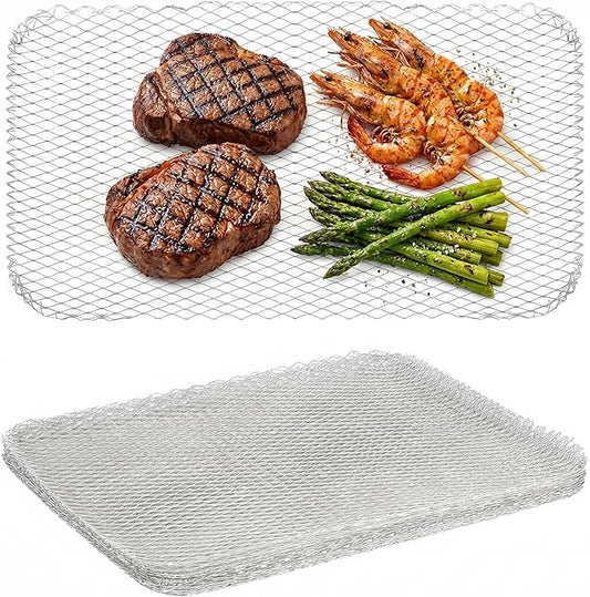 10 Pack Disposable Grill Topper, 15.3x12.2" Non-Stick Aluminum BBQ Grill Mesh Mat, Outdoor Grilling Grates Cover for Meat Veggies Fish, Baking Roasting Tray