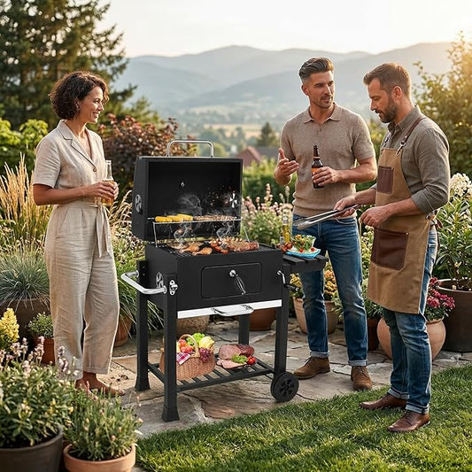 Heavy Duty Charcoal Grill BBQ Smoker with Foldable Side Table and Wheels, Large Outdoor Barbecue Grill for Patio Backyard Garden, Height Adjustable Charcoal Tray & Warming Rack