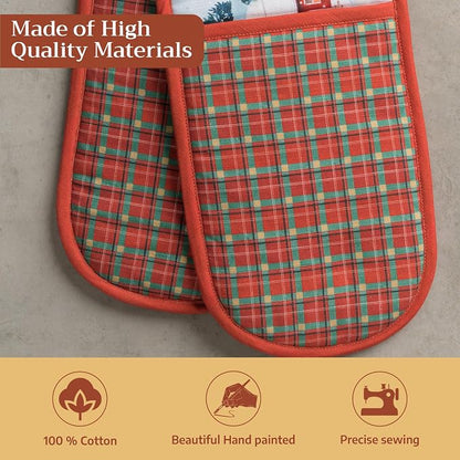 Maison d' Hermine Double Oven Mitts 100% Cotton Double Oven Glove (7"x35") | Heat Resistant BBQ Cooking Gloves with Loop Baking Kitchen Home Hotel Farmhouse Thanksgiving Christmas - Megeve