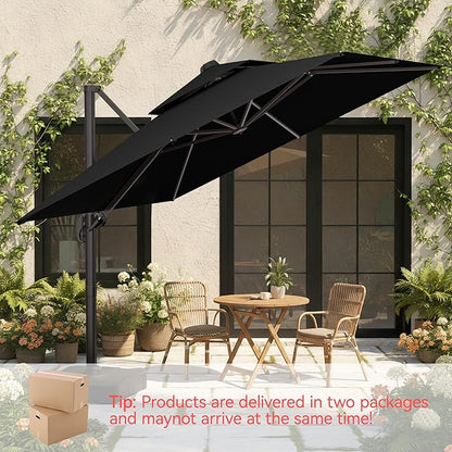 10x10 FT Patio Umbrella with Base, Large Cantilever Double Top Heavy Duty Offset Umbrellas with 360° Rotation, Outdoor shade for Garden Deck Pool, Black