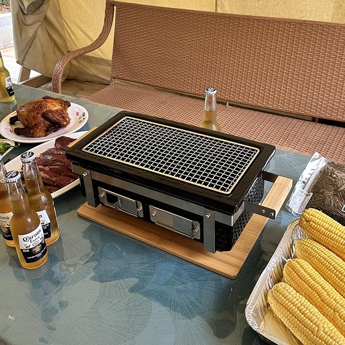 Yakitori Ceramic Charcoal Grill, Japanese Style Tabletop BBQ With Bamboo Heat Shield For Indoor/Outdoor, Square, 16"x9"