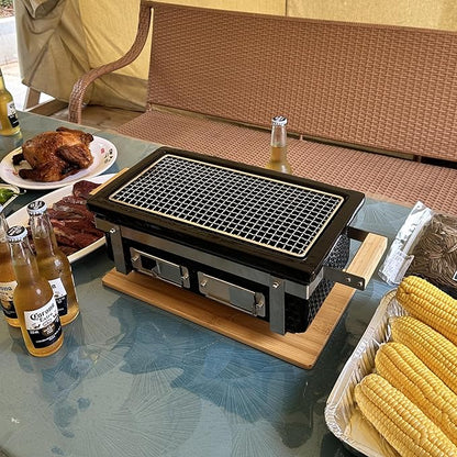 Yakitori Ceramic Charcoal Grill, Japanese Style Tabletop BBQ With Bamboo Heat Shield For Indoor/Outdoor, Square, 16"x9"