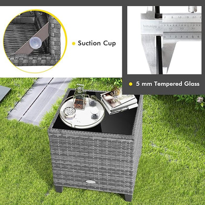 HAPPYGRILL 3 Pieces Patio Conversation Set, Outdoor Furniture Set PE Rattan Sofa Set with Removable Cushions, PE Wicker Chairs with Tempered Glass Side Table for Porch Lawn Garden Balcony Backyard